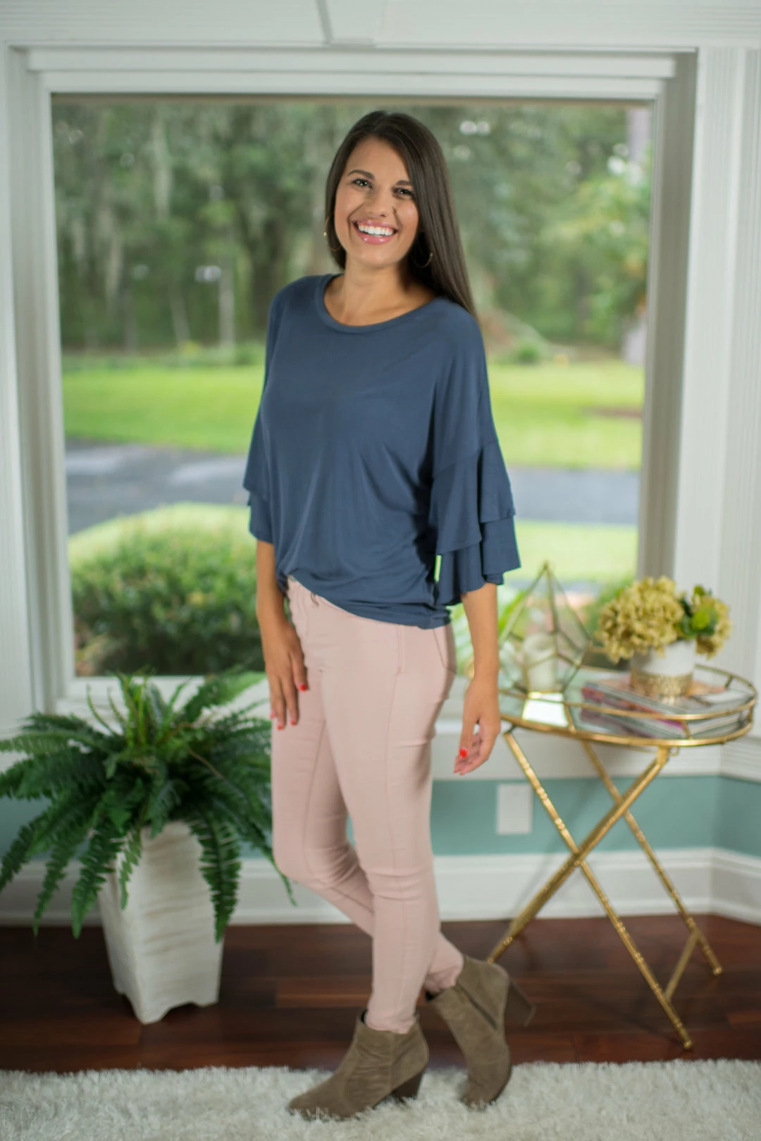 Timing Navy Ruffle Sleeve Top Tops 2 Timing Navy Ruffle Sleeve Top Tops