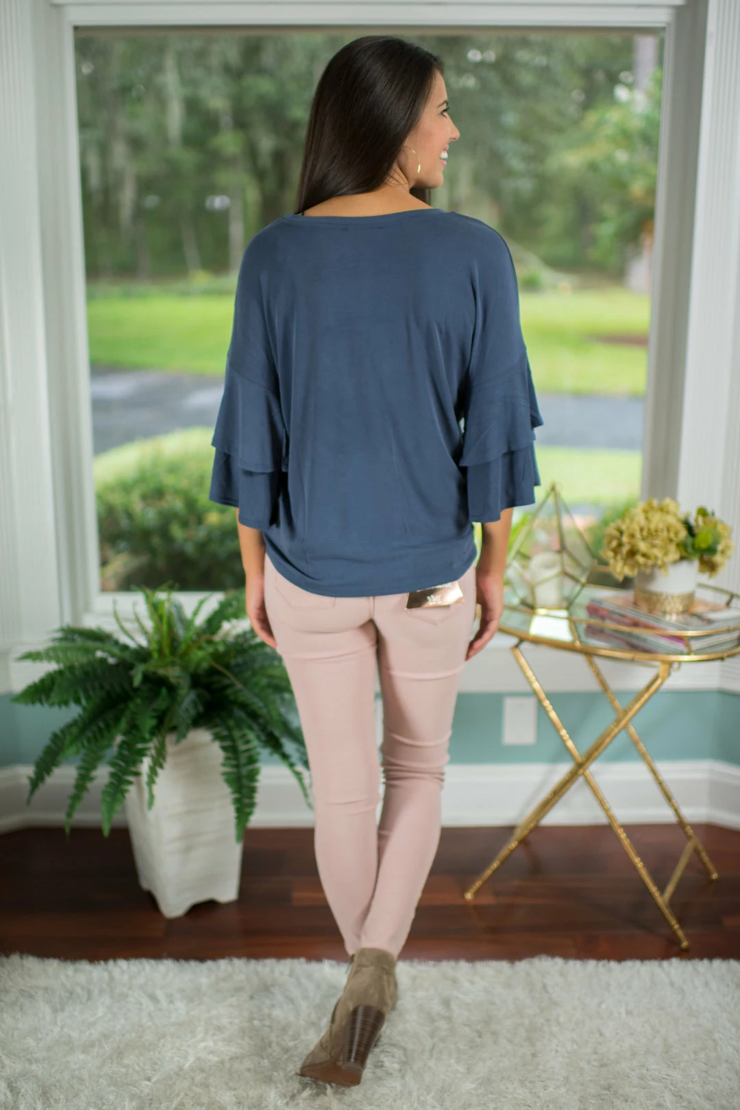 Timing Navy Ruffle Sleeve Top Tops 3 Timing Navy Ruffle Sleeve Top Tops