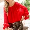 Vine & Love Red Sequins Balloon Sleeve Top