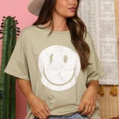 Fantastic Fawn Sage Oversized Smiley Tee New Arrivals