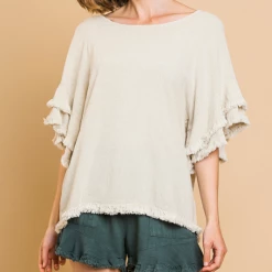 UMGEE Oatmeal Ruffled Sleeve Top