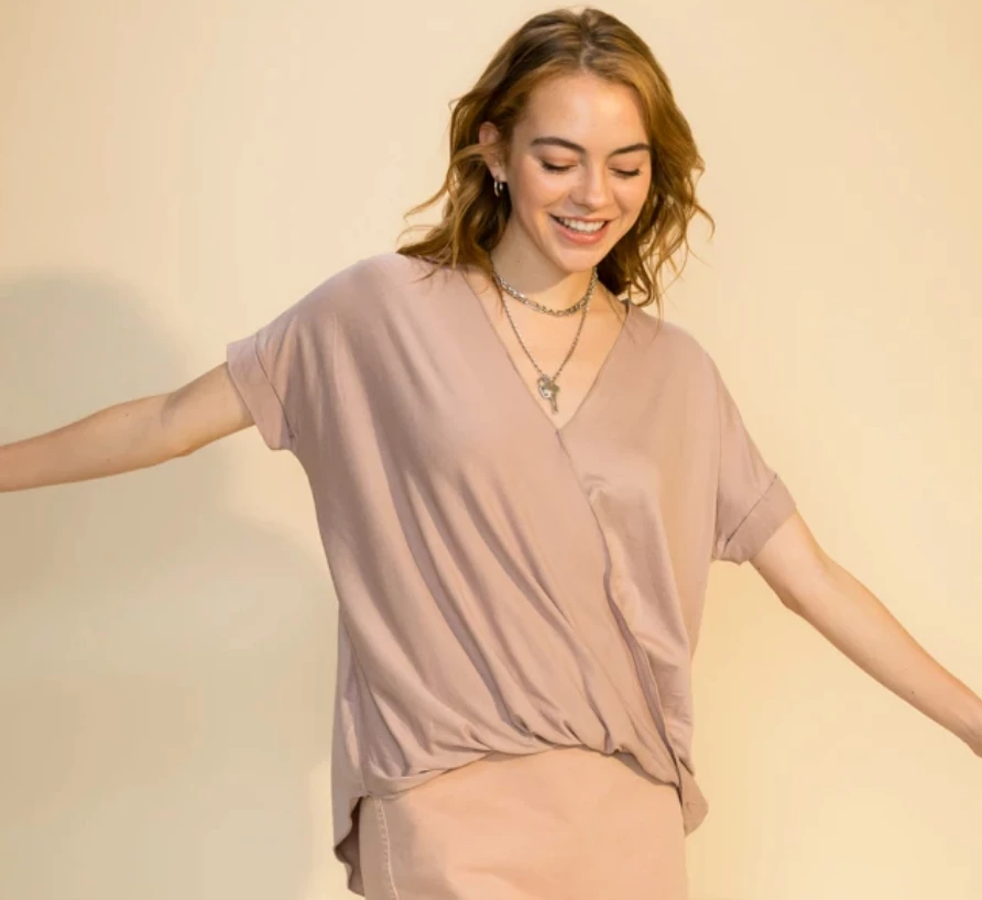 Hyfve Short Sleeve Taupe Surplice Top 1 Hyfve Short Sleeve Taupe Surplice Top