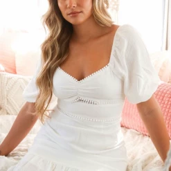 Peach Love New Arrivals White Pom Pom Trim Dress