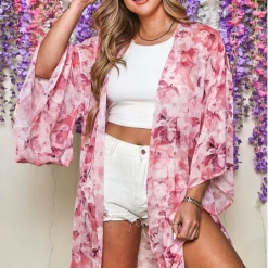 Peach Love Pink Floral Print Kimono