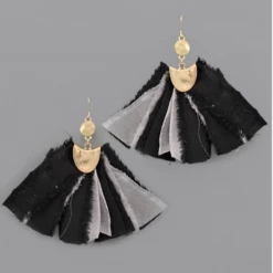 Golden Stella Black/Gray Fabric Fan Tassel Earrings