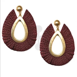 Golden Stella Burgundy Leather Trim TearDrop Earrings