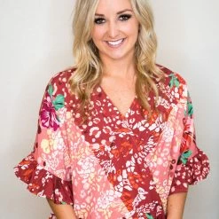 UMGEE Tops Wine Floral/Animal Top