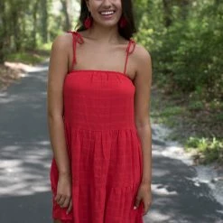 Peach Love Red Ribbon Sleeve Dress