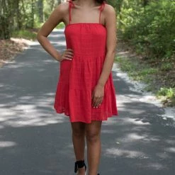 Peach Love Red Ribbon Sleeve Dress