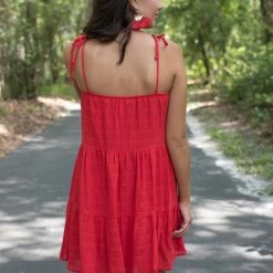 Peach Love Red Ribbon Sleeve Dress