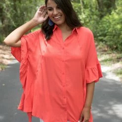 Vine & Love Orange Ruffled Button Down Top Game Day!