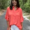 Vine & Love Orange Ruffled Button Down Top Game Day!