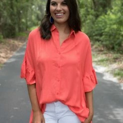 Vine & Love Orange Ruffled Button Down Top Game Day!