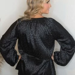 Jodifl Final Sale Black Satin Leopard Blouse