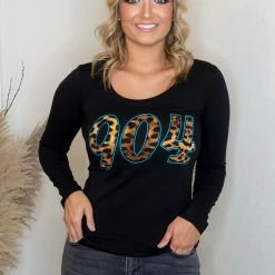 Active Basic Tops 904 Black Scoop Neck Long Sleeve