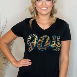 Active Basic Tops 904 Black V Neck Short Sleeve