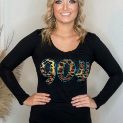 Active Basic Tops 904 Black V Neck Long Sleeve