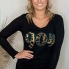 Active Basic Tops 904 Black V Neck Long Sleeve