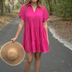 UMGEE Hot Pink V Neck Dress New Arrivals