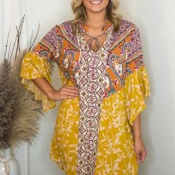 UMGEE Dresses Mixed Print Bell Sleeve Dress