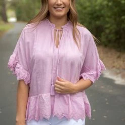 UMGEE Final Sale Lavender Linen V Neck Top