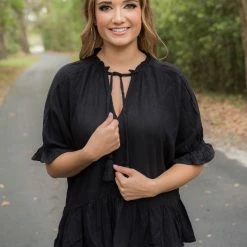 UMGEE Final Sale Black Linen Ruffle Blouse