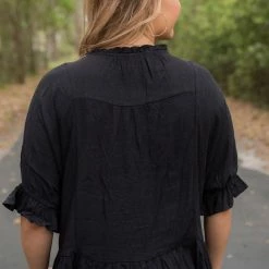UMGEE Final Sale Black Linen Ruffle Blouse