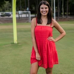 Peach Love Red Ribbon Sleeve Dress