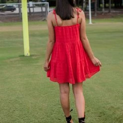 Peach Love Red Ribbon Sleeve Dress