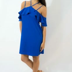 After Market Royal Blue Ruffle Cold Shoulder Dress Game Day!