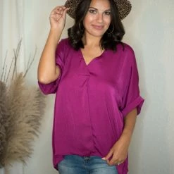 Glam Plum V Neck Blouse Tops
