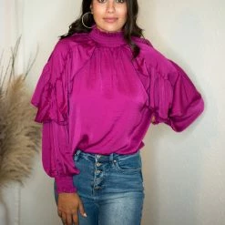 Glam Plum Ruffle Sleeve Blouse