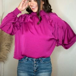 Glam Plum Ruffle Sleeve Blouse