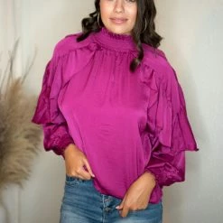 Glam Plum Ruffle Sleeve Blouse
