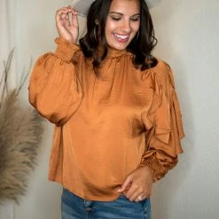 Glam Camel Ruffle Sleeve Blouse