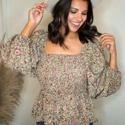 Blu Pepper Olive Paisley Print Blouse