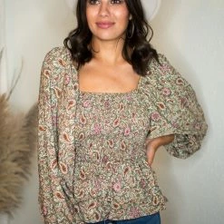 Blu Pepper Olive Paisley Print Blouse