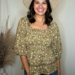 Blu Pepper Tops Olive Floral Print Blouse