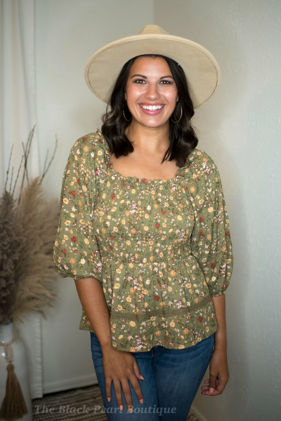 Blu Pepper Tops Olive Floral Print Blouse 1 Blu Pepper Tops Olive Floral Print Blouse