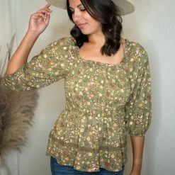 Blu Pepper Tops Olive Floral Print Blouse