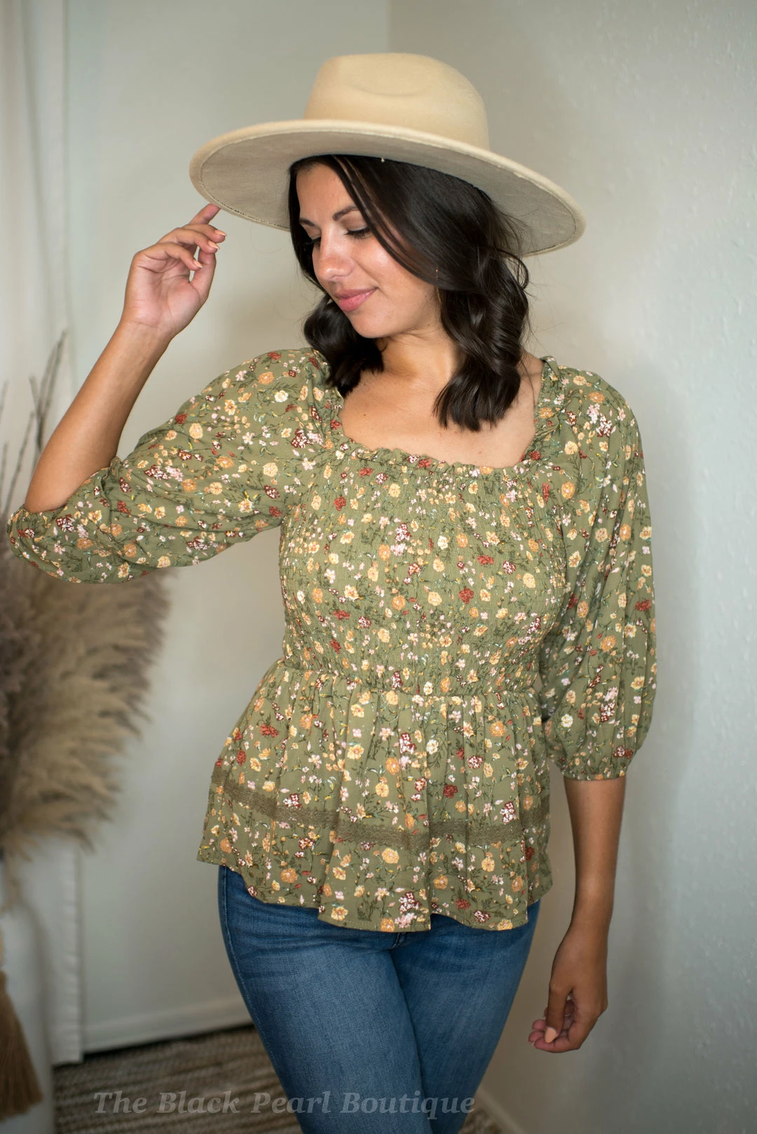 Blu Pepper Tops Olive Floral Print Blouse 2 Blu Pepper Tops Olive Floral Print Blouse