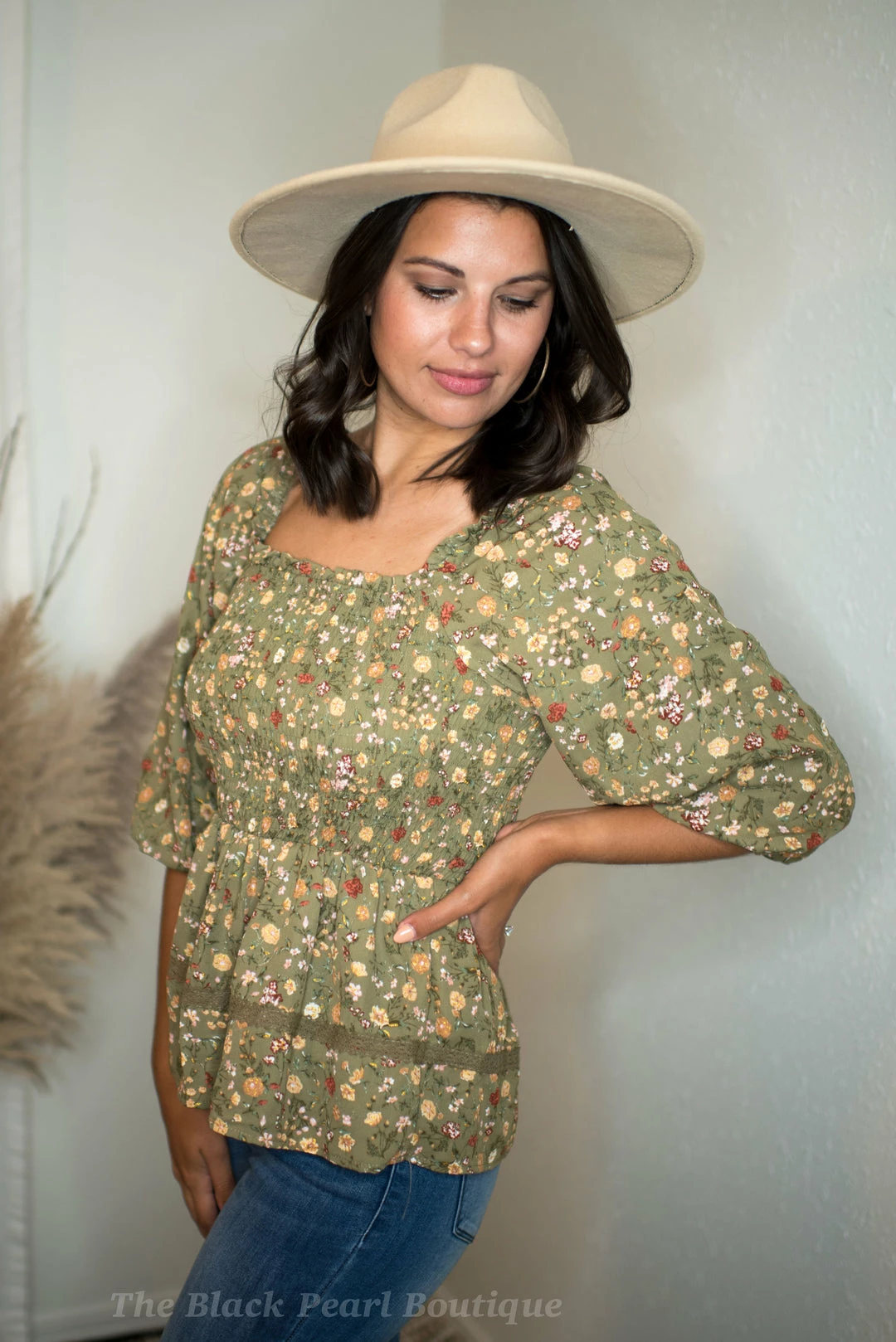 Blu Pepper Tops Olive Floral Print Blouse 3 Blu Pepper Tops Olive Floral Print Blouse