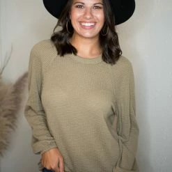 Very J Tops Olive Waffle Knit Top