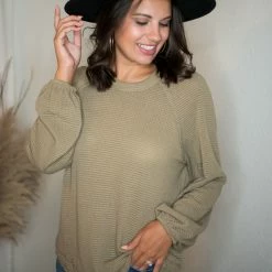 Very J Tops Olive Waffle Knit Top