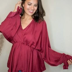 Glam Wine V Neck Blouse Tops