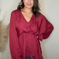 Glam Wine V Neck Blouse Tops