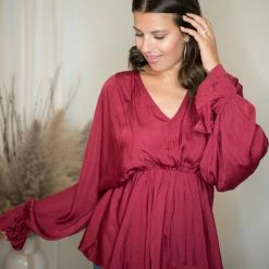 Glam Wine V Neck Blouse Tops