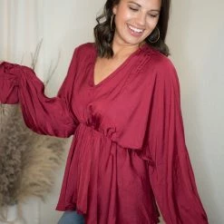 Glam Wine V Neck Blouse Tops