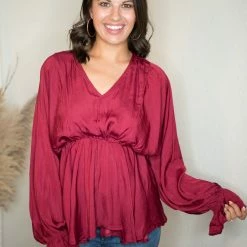 Glam Wine V Neck Blouse Tops