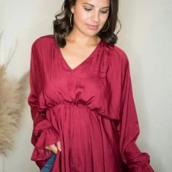 Glam Wine V Neck Blouse Tops